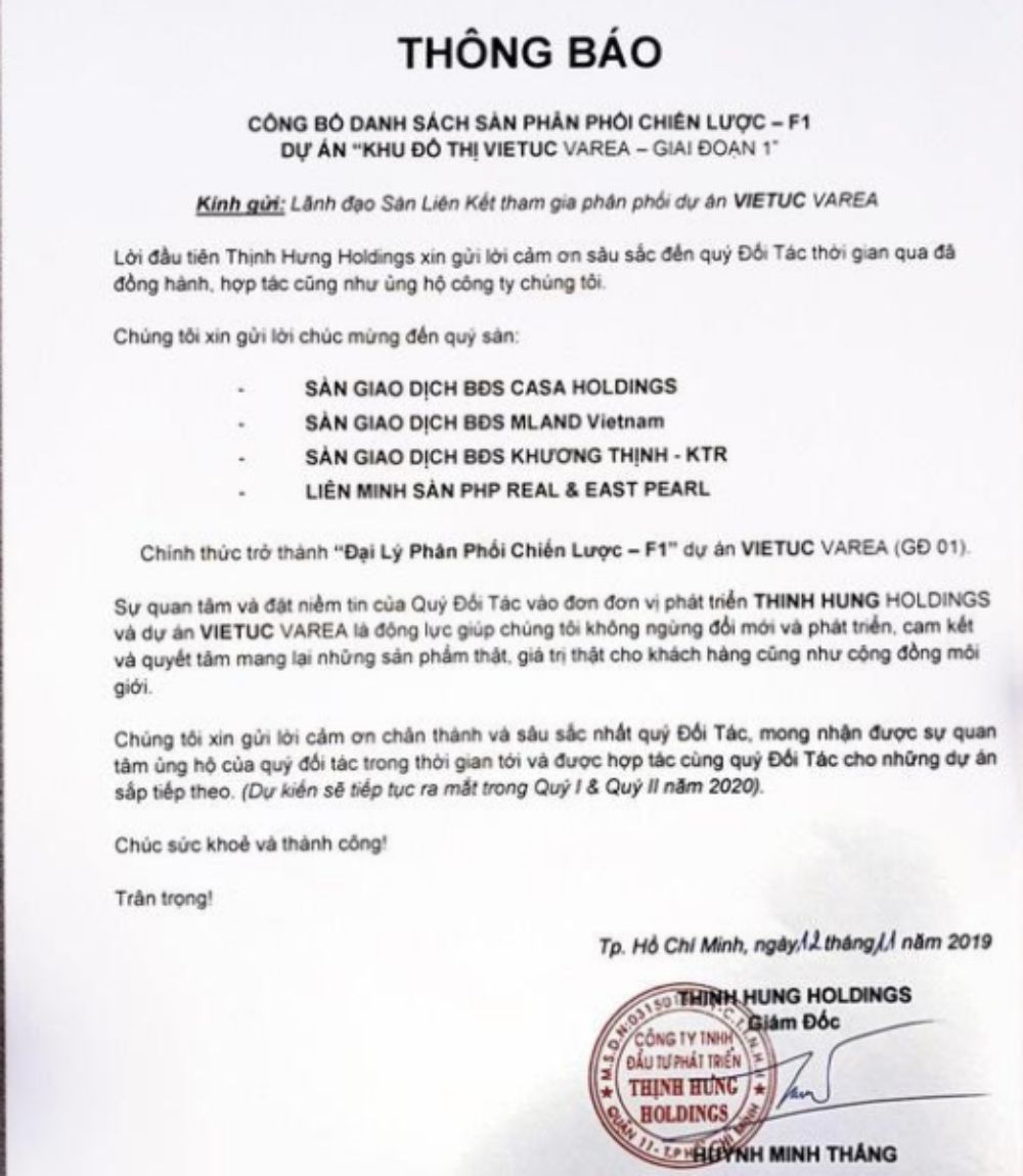 Danh sách sàn liên kết F1 của dự án VietUc Varea