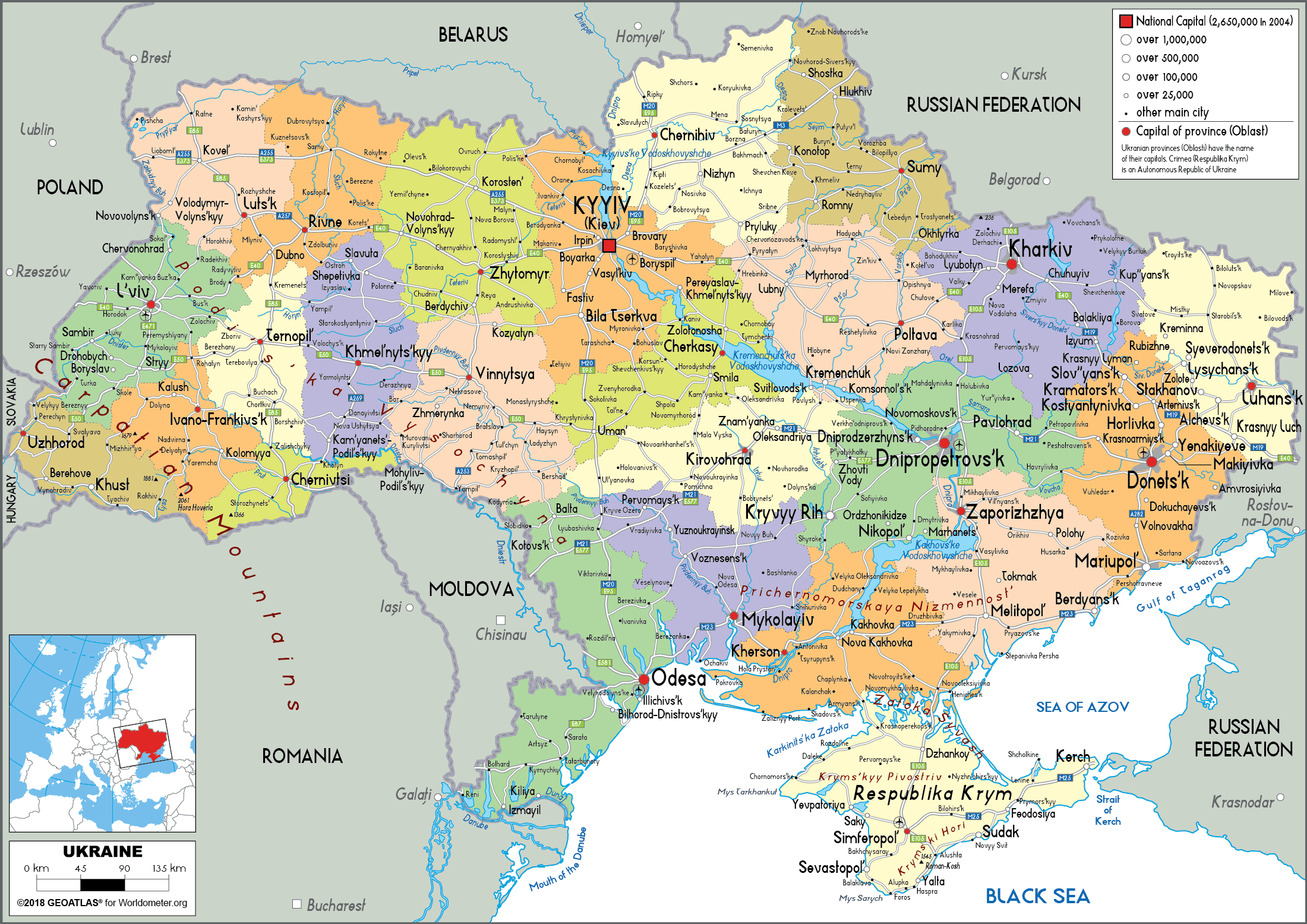 Bản đồ hành chính đất nước Ukraina (Ukraina Map) phóng to năm 2023