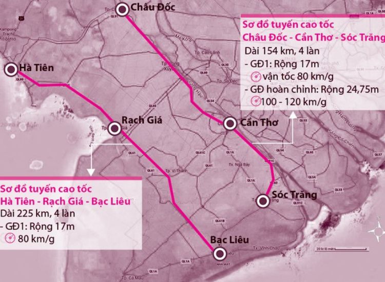 Bản đồ 02 tuyến: Tuyến Sóc Trăng - Cần Thơ - Châu Đốc và tuyến Hà Tiên - Rạch Giá - Bạc Liêu