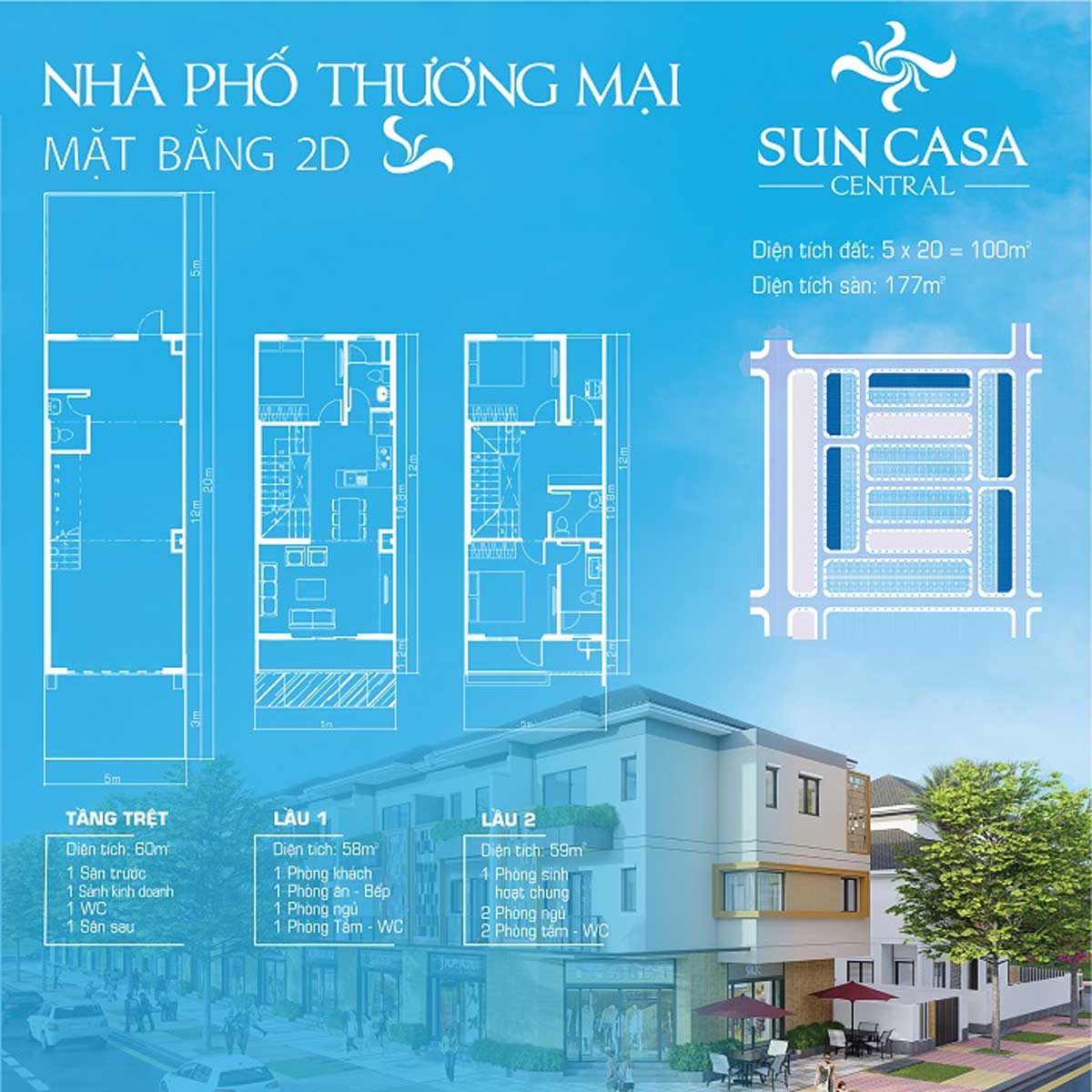 Thiết kế mặt bằng Shophouse Sun Casa Central Bình Dương