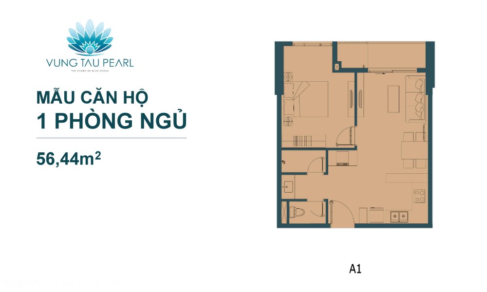 Thiết kế 1 phòng ngủ 56, 44m2  căn hộ Vũng Tàu Pearl