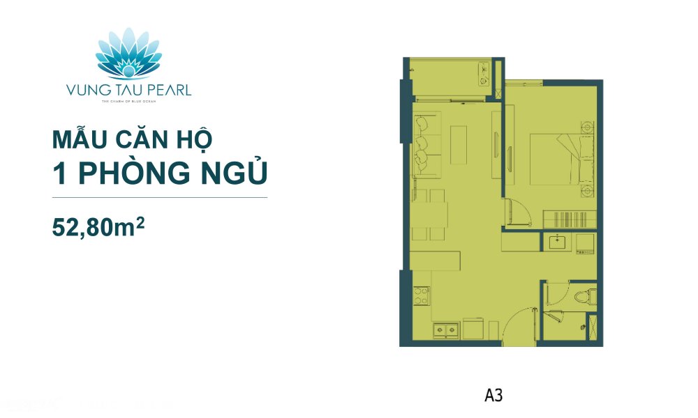 Thiết kế 1 phòng ngủ  52,8 m2 căn hộ Vũng Tàu Pearl