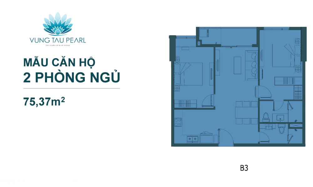 Thiết kế 2 phòng ngủ 75, 37 m2 căn hộ Vũng Tàu Pearl