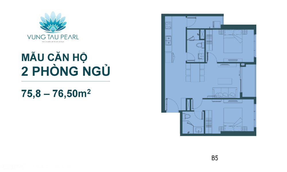 Thiết kế 2 phòng ngủ 75,8 - 76,5 m2 căn hộ Vũng Tàu Pearl