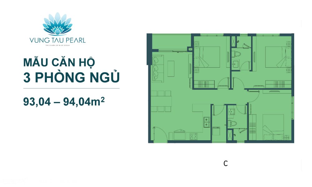 Thiết kế 3 phòng ngủ 93,04 - 94,04 m2 căn hộ Vũng Tàu Pearl