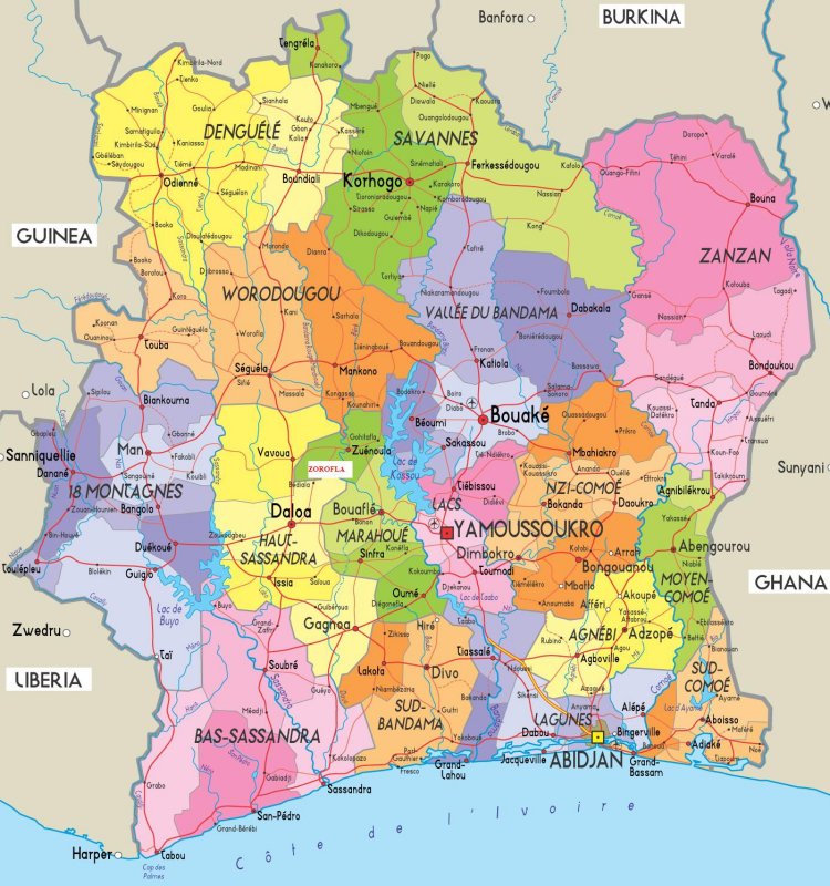 Bản đồ Bờ Biển Ngà (Cốt-đi-voa) khổ lớn phóng to