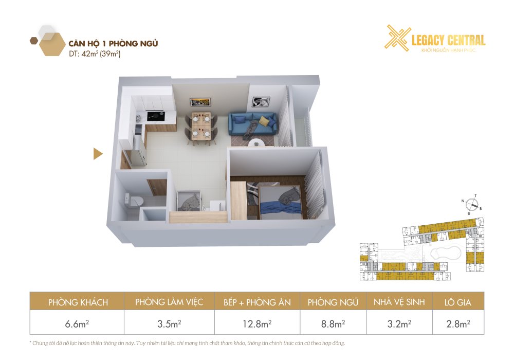  Mẫu căn hộ 1 Phòng ngủ 42m2 (39m2)