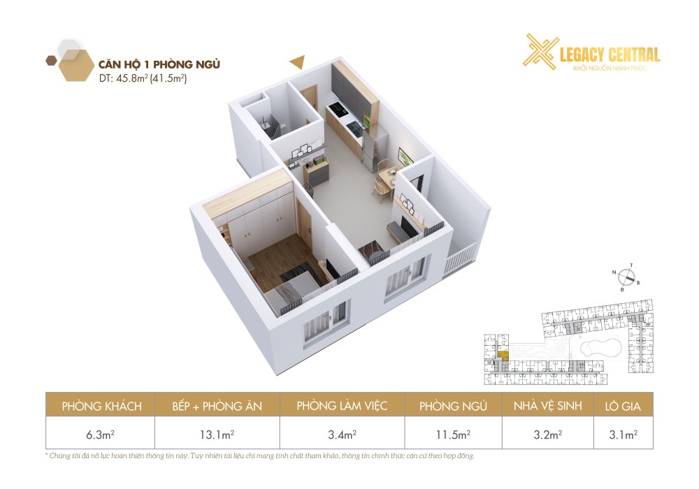  Mẫu căn hộ 1 Phòng ngủ 45.8 m2 (41.5m2)