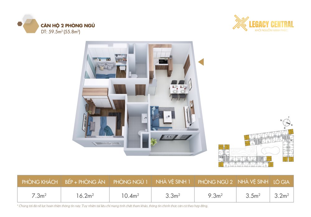  Mẫu căn hộ 2 Phòng ngủ 59.5 m2 (55.8m2)