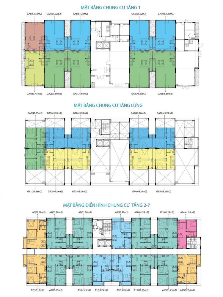 Mặt bằng chung cư tầng lửng và mặt bằng điển hình chung cư tầng 2 đến tầng 7 