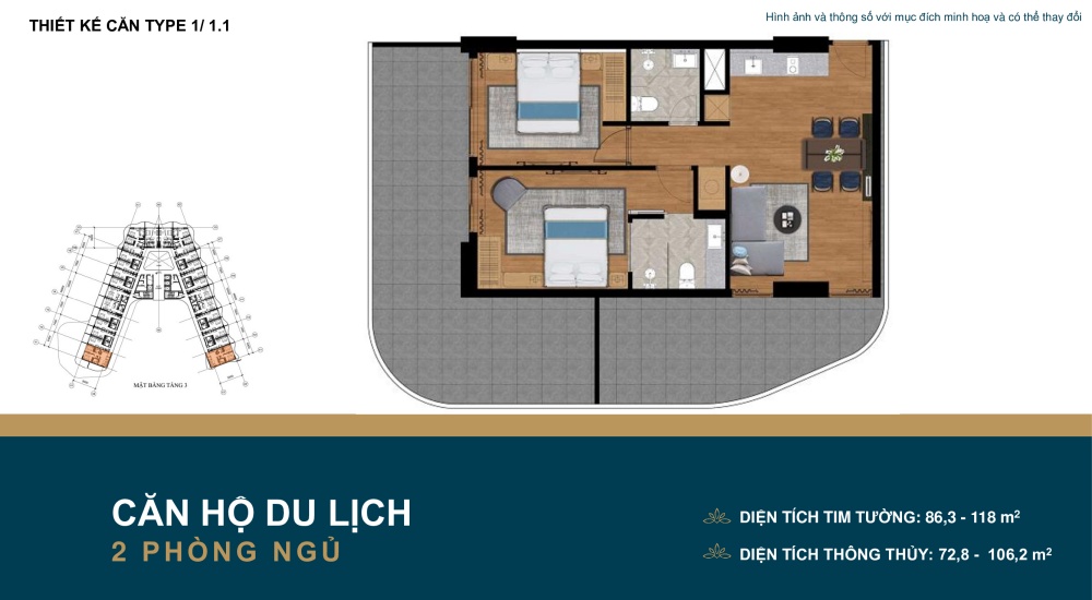 Thiết kế căn hộ 2 PN của dự án Shantira Beach Resort & Spa