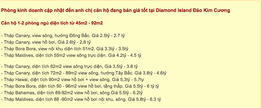 Bảng giá căn hộ Đảo Kim Cương  Diamond Island năm 2020