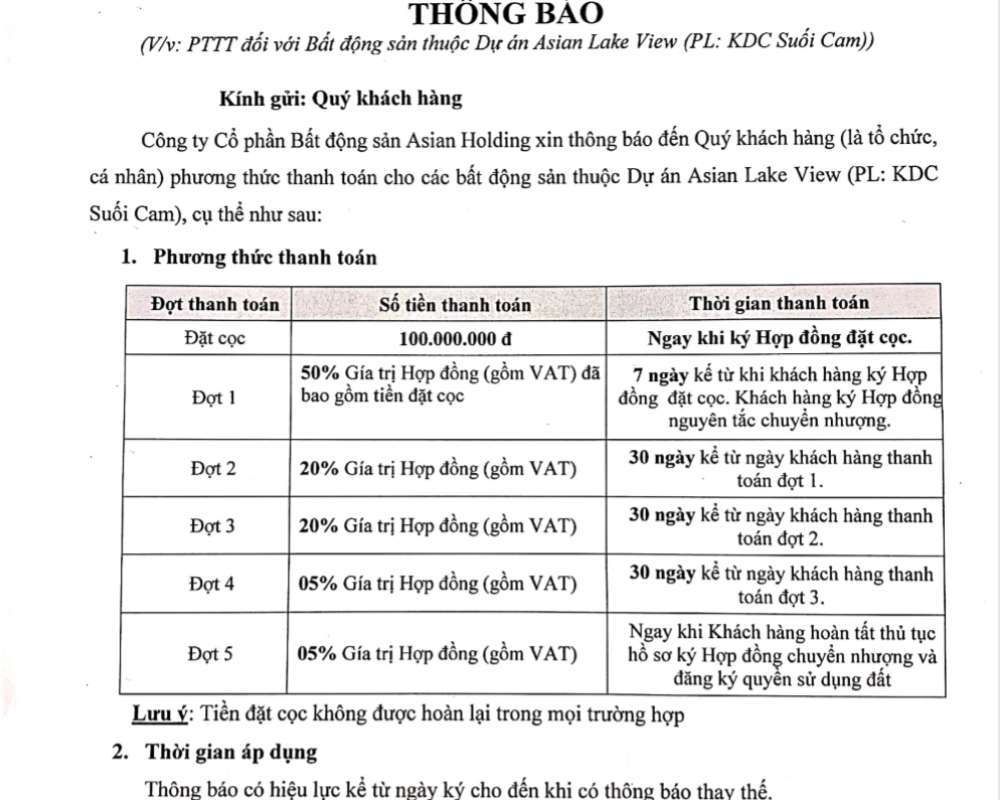  Phương Thức thanh toán dự án Asian Lake View Đồng Xoài