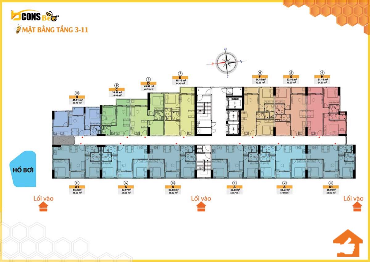 Mặt bằng Tầng 3 đến 11 của dự án căn hộ Bcons Bee 