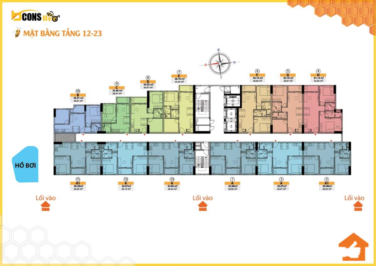 Mặt bằng Tầng 12 đến 23 của dự án căn hộ Bcons Bee
